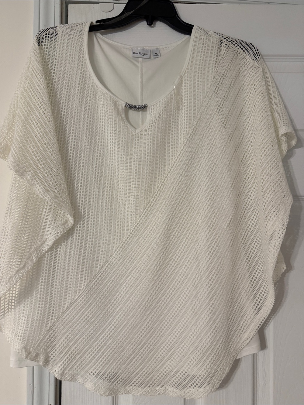 Kim Rogers White Open-Weave Layered Tunic with Keyhole Accent